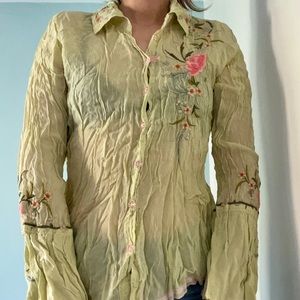 Johnny Was Green Floral Embroidered Sheer Longsleeve Crinkle Button Down